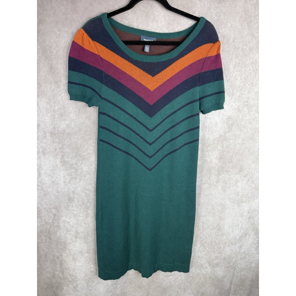 Modcloth Chevron Print Retro New Girl Knit Sweater Dress In Green Size L